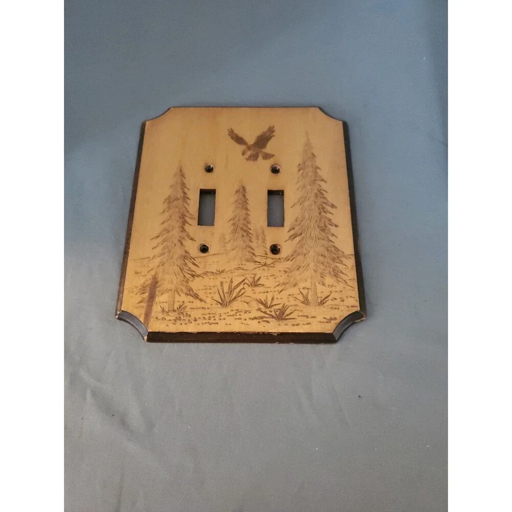 Vintage Eagle In Forest Wood Burned 2 Slot Light Switch Cover Cabin Decor MCM